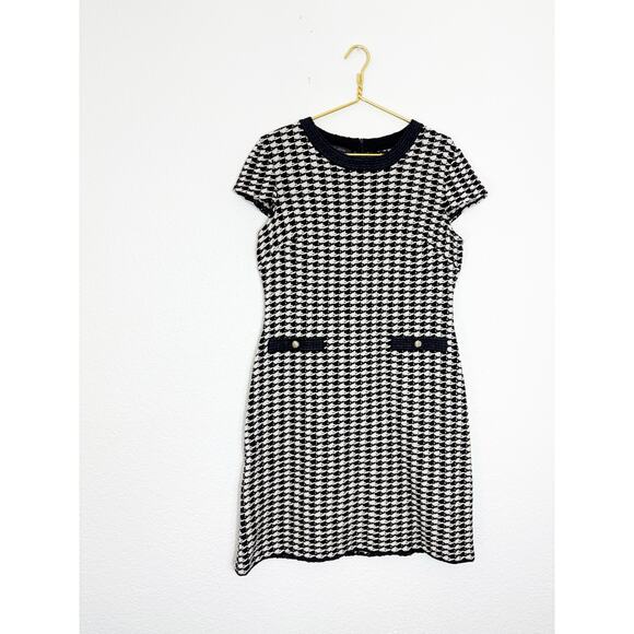 St. John Houndstooth Knit Dress Size 12 Black White Tweed Chic Classic Preppy - Picture 3 of 11